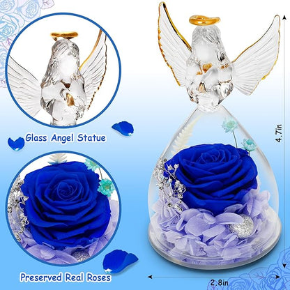 Lurlin Birthday Flowers for Women: Preserved Rose Gift for Mom, Grandma, Wife, Friend, Nurse; Glass Angel Figurines with LED Light