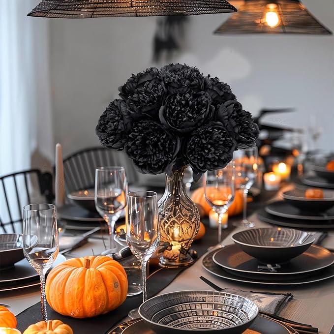 U'Artlines 10 Heads Artificial Peony Silk Flower Leaf Home Office Wedding Party Festival Bar Decor (Black)