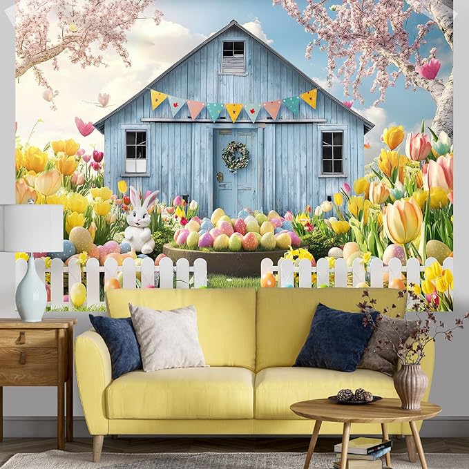 Easter Backdrop Spring Farm Barn Rabbit Bunny Egg Floral Grassland Photography Background Easter Party Decoration Supplies Favors Cake Table Banner Photo Booth Studio Props 7x5ft