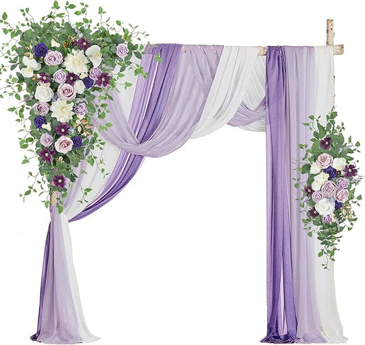 Wedding Arch Flowers with Drapes Kit (Pack of 5) - 2pcs Artificial Lilac & Cream Deluxe Swag with 3pcs Hanging Drapes for Wedding Ceremony Arbor Reception Backdrop Rose Floral Decorations