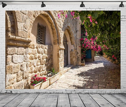 15x10ft Fabric Old Stone Street Backdrop Jerusalem Ancient Narrow Street with Blooming Flowers Israel Background Ancient Stone Wall Backdrop Photoshoot Studio Props