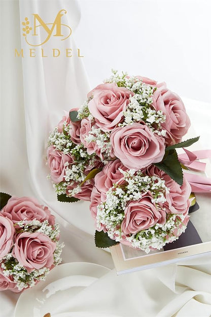Meldel 6.5 Inch Bridesmaid Bouquet Set of 6, Wedding Bouquets for Bridesmaids, Rose Bridesmaid Bouquets for Wedding, Artificial Wedding Bouquet Flower, Floral Wedding Centerpieces