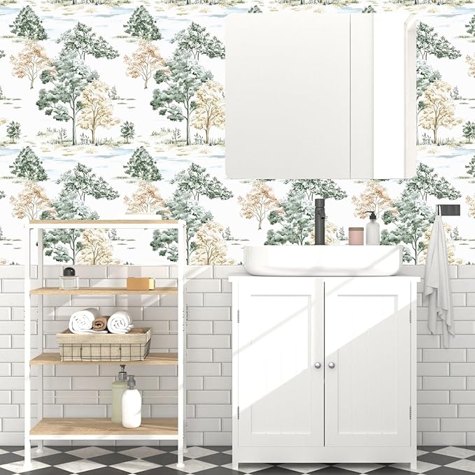 Trees Wallpaper Peel and Stick, White/Green/Yellow Forest Contact Paper, Modern Botanical Landscape Woodland Wall Paper Self Adhesive Waterproof Removable for Shelves Cabinet Drawer Table 17.5" x 118"