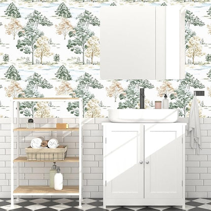 Trees Wallpaper Peel and Stick, White/Green/Yellow Forest Contact Paper, Modern Botanical Landscape Woodland Wall Paper Self Adhesive Waterproof Removable for Shelves Cabinet Drawer Table 17.5" x 118"