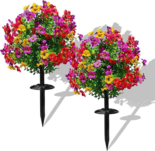 Artificial Boxwood Topiary Ball Trees - 2 Pcs 23" with Ground Spike, Fake Evergreen Tree, UV Resistant Faux Greenery Shrubs Bushes for Indoor & Garden, Yard, Porch, Patio Decor -Mix Colors