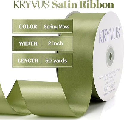 Moss Green Satin Ribbon, Double Faced 2 Inch X 50 Yards Moss Green Ribbon, Premium Satin Ribbon for Gift Wrapping, Crafts, Hair Bow Making, Sewing, Flower Bouquet, Wedding Party Decor