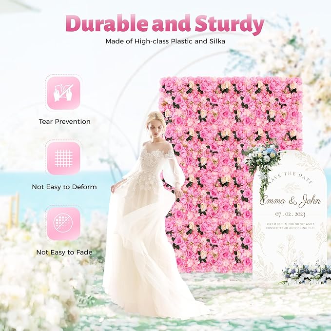 12pcs Flower Wall Panels 15.7“ x 23.6" Floral Wall Artificial Flower Backdrop for Wedding Party Photo Backgrounds Dark Pink