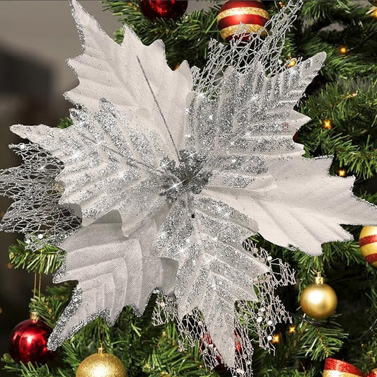 10'' Large Christmas Glitter Poinsettia Flowers Decorations, stadeco 10 Pcs Christmas Tree Picks Ornaments Artificial Flowers with Long Stems for Xmas Tree Wreath Garland Wedding Party DIY Decor