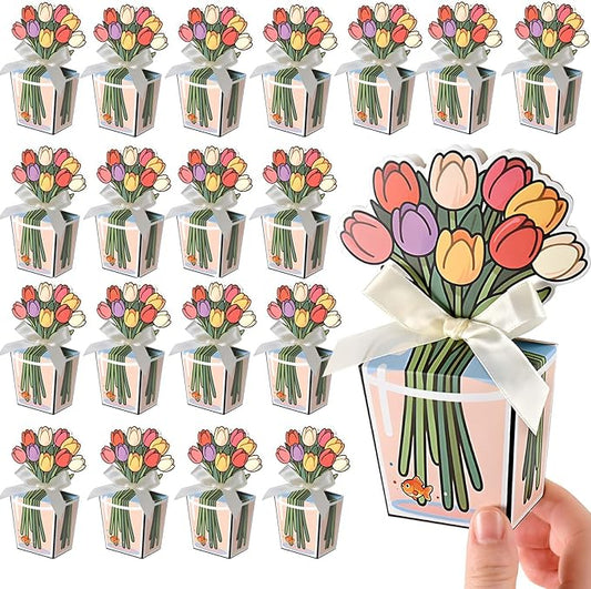 Tizee 3D Floral Gable Boxes with Ribbon - Mini Gift Bags for Party Favors, Birthday, Wedding, Mothers Day, Cookies, Candy, and More (20 Pack)