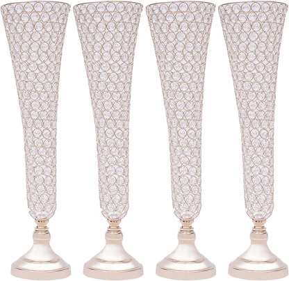 4 Pcs 21 Inch Tall Gold Crystal Vase for Centerpieces, Wedding Christmas Metal Crystal Trumpet Flower Vase Stand for Table Floor Party Banquet Celebration