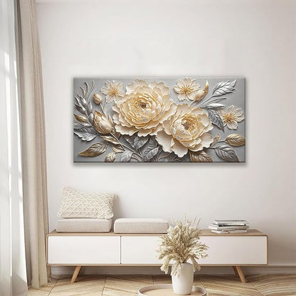 Canvas Art Wall Decor Print Silver White Flowers Wall Art For Living Room Picture Modern Landscape Painting Home Wall Decor 24" X 48"Bedroom Office Artwork