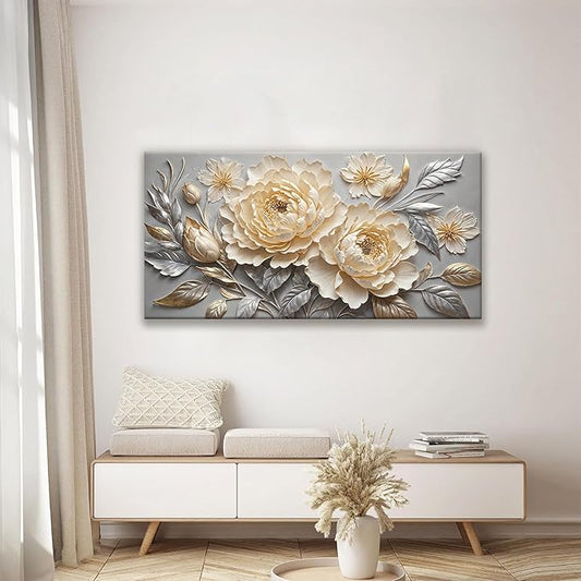 Canvas Art Wall Decor Print Silver White Flowers Wall Art For Living Room Picture Modern Landscape Painting Home Wall Decor 24" X 48"Bedroom Office Artwork