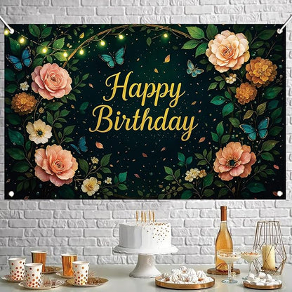 Greenery Birthday Backdrop Sage Green Floral Butterfly Banner String Lights Party Decorations Photography Background for Women Girls Birthday Supplies Photo Booth Prop 71 x 43 Inch