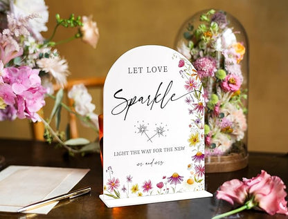 Wedding Sparklers Send Off Sign 6x8 Inch, Wild Flower Arch Acrylic Wedding Signs for Reception, Love Is In Bloom Bridal Shower Floral Engagement Party Decorations