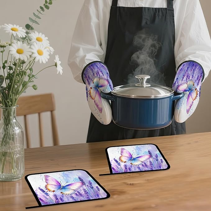 Purple Butterfly Oven Mitts and Pot Holders Set,Lavender Kitchen Oven Gloves and Pot Holder with Heat Resistant Non Slip for Cooking Baking Grilling(4 Piece Set)