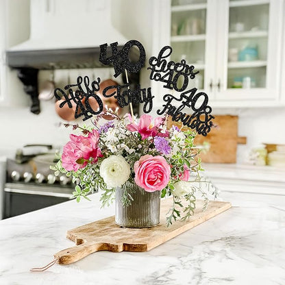 Gyufise 15Pcs 40th Birthday Centerpiece Sticks Forty Happy 40th Table Flower Centerpieces Sticks Cheers to 40 Floral Decorations for 40th Birthday Party Centerpieces Supplies Black
