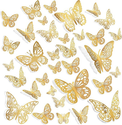 144 Pcs Gold Butterfly Wall Decor, 3D Butterfly Stickers 6 Styles and 3 Sizes, Removable Mural Stickers Metallic Butterflies Decorations for Walls