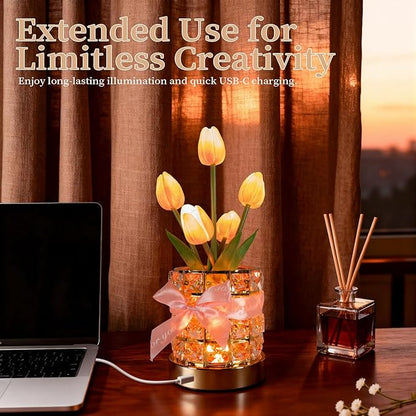Magic Blooms for Every Moment USB Rechargeable Remote-Controlled Tulip Crystal Lamp, 12 Color Changing, 4 Flash Modes, Perfect for Home Decor, Gifts for Mom, Wife, Girlfriend, and Sister