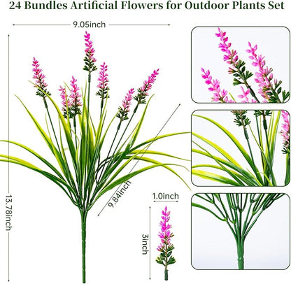 Artificial Flowers for Outdoor Plants 24 Bundles Fake Lavender Plastic Faux Monkey Grass for Verandah Window Garden Office Patio Front Porch UV Resistant for Planter(Pink)