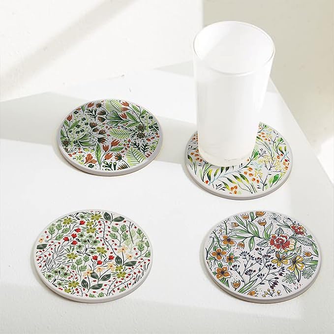 AD Set of 6 Coasters for Drinks Absorbing Round Ceramic Stone Coaster with Cork Base Tabletop Protection Mat for Mugs and Cups,Office,Kitchen (Bontanicals)