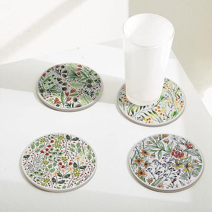 AD Set of 6 Coasters for Drinks Absorbing Round Ceramic Stone Coaster with Cork Base Tabletop Protection Mat for Mugs and Cups,Office,Kitchen (Bontanicals with Holder)