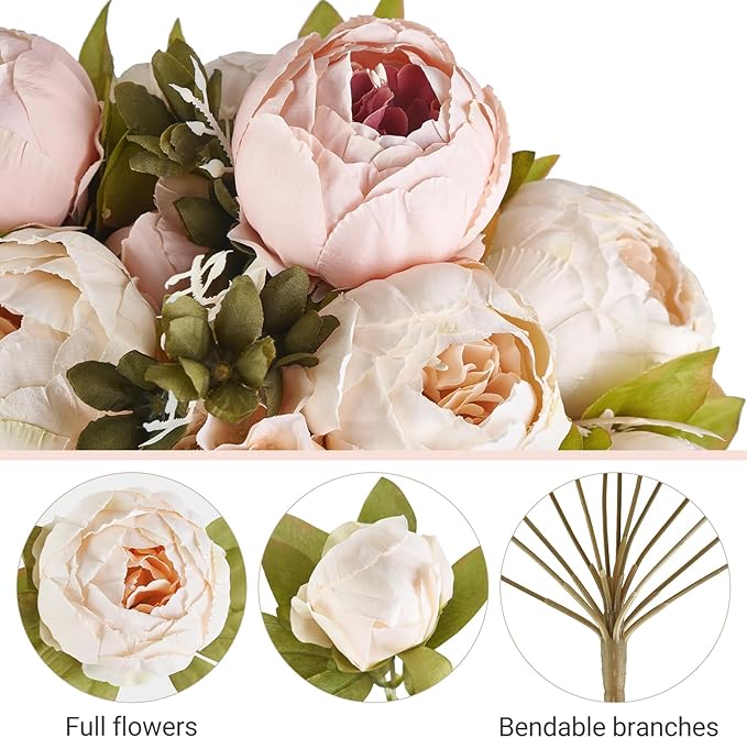 Mkono Peonies Artificial Flowers, Faux Peony Flowers Real Touch Fake Silk Bouquet for Arrangements Dining Table Centerpieces for Kitchen Bridal Wedding Party (1pack, Light Pink)