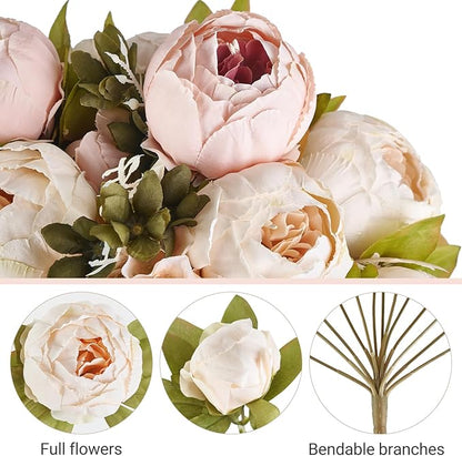 Mkono Peonies Artificial Flowers, 2 Packs 13 Stems Faux Peony Flowers Real Touch Fake Silk Bouquet for Arrangements Dining Table Centerpieces for Kitchen Bridal Wedding Party (2, Light Pink)