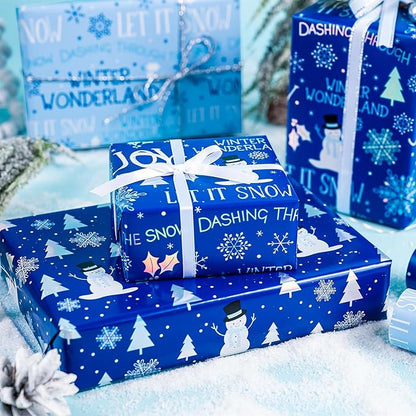 WRAPAHOLIC Christmas Wrapping Paper Roll - Mini Roll - 3 Rolls - 17 Inch x 120 Inch Per Roll - Blue and White Winter Wondland, Snowflake, Snowman Holiday Collection with Metallic Foil Shine