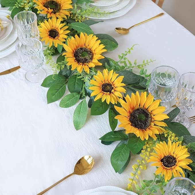 Mizii Artificial Sunflower Garland 6FT Fake Silk Sunflowers Flower Garland Autumn Hanging Vines Decorations for Kitchen Table Centerpieces Room Wall Party Wedding Birthday Fall Decor (Yellow)