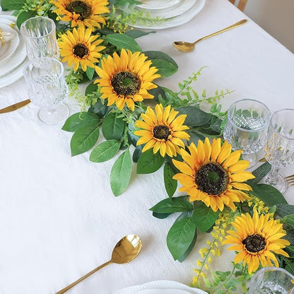 Mizii Artificial Sunflower Garland 6FT Fake Silk Sunflowers Flower Garland Autumn Hanging Vines Decorations for Kitchen Table Centerpieces Room Wall Party Wedding Birthday Fall Decor (Yellow)