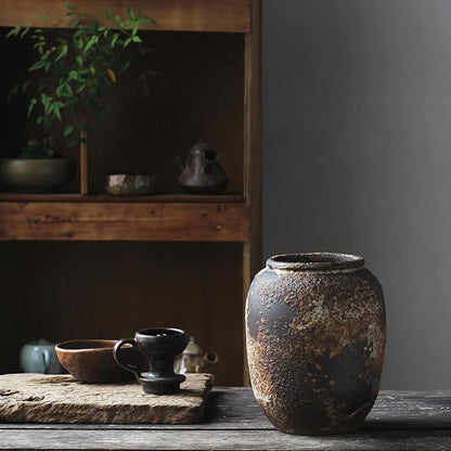 Denique Rustic Vase for Home Decor, Farmhouse Terracotta Vases, Large Ceramic Vase for Living Room Decor, Black Pottery Vase Large Clay Vase, Rustic Farmhouse Tabletop Decor(B-22cm)