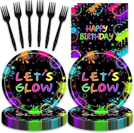48pcs Neon Party Decoration Set,16 Dessert plate,16 Napkin And 16 Fork,16 persons Disposable tableware,Used Let Glow Birthday Party Supplies