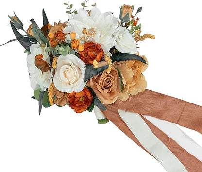 10 Inch Burnt Orange Bridal Bouquet,Fall Wedding Bouquet,Bride Bouquets for Wedding Ceremony Anniversary, Party and French Rustic Vintage Wedding,Artificial Flowers