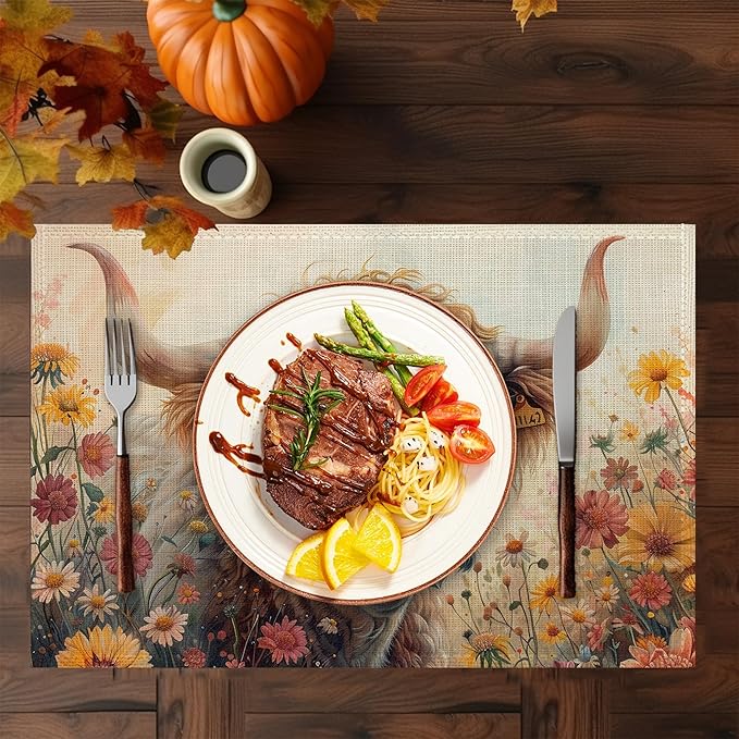 Highland Cow Fall Placemats Set of 6,Washable Heat Resistant 12×18 Inch Linen Table Mats Summer Fall Place Mats for Party Outdoor Dining Décor