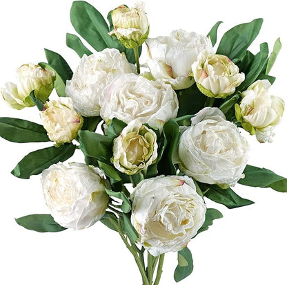 FiveSeasonStuff Vintage White Peonies – Realistic Artificial Silk Flowers with Dry-Look Petals, 6 Stems for Rustic Home & Wedding Bridesmaids Bouquet Bridal Showers