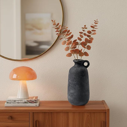Sunddo Rustic Farmhouse Vase with Handle, 10 inch Black Ceramic Flower Vase, Terracotta Clay Stone Pottery, Black Kitchen Decor, Entryway Shelf Living Room Table Decor