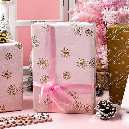 Yarcony Pink Christmas Wrapping Paper Roll, Gold Snowflakes Wrapping Paper, Reversible Pastel Winter Snowflake Theme Christmas Gift Wrap for Holiday Present, Gift Packaging, Party(17Inch x 33Feet)