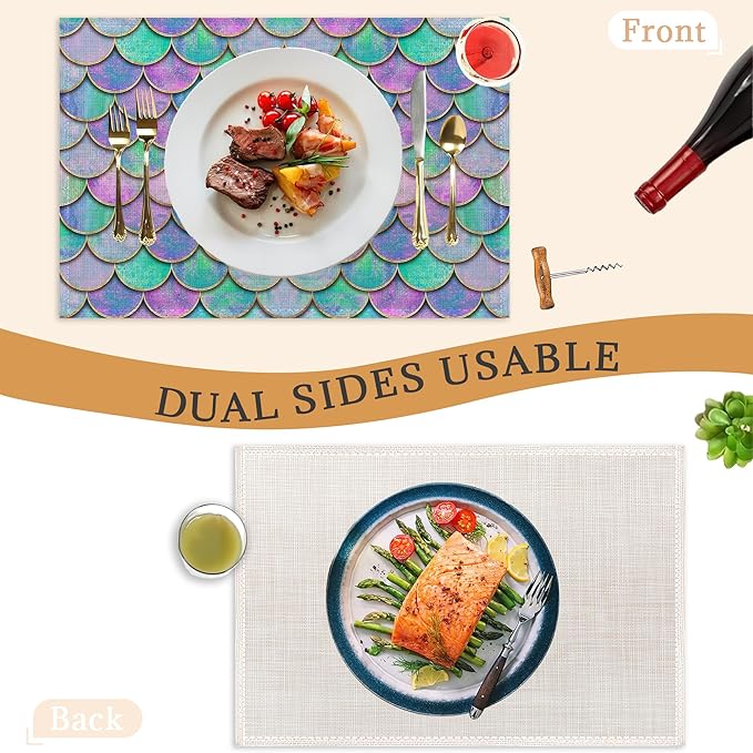 Mermaid Purple Placemats Set of 6,Washable Heat Resistant 12×18 Inch Linen Table Mats Fish Scales Place Mats for Party Outdoor Dining Décor