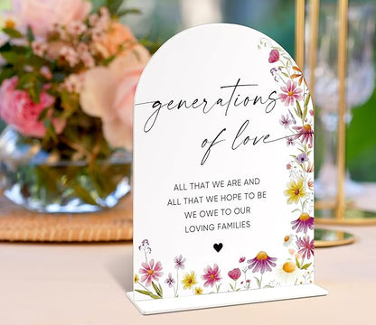 Generations of Love Sign for Wedding Memorial Table, Wild Flower Arch Acrylic Wedding Signs for Reception, Love Is In Bloom Bridal Shower Floral Engagement Party Decorations, 6x8 Inch