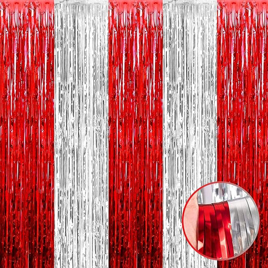 4 Pack Foil Fringe Curtain Backdrop, 3.28Ft x 8.2Ft Metallic Tinsel Foil Fringe Streamers Curtains for Photo Booth, Wedding, Circus Welcome Carnival Birthday Party Decoration Silver Red