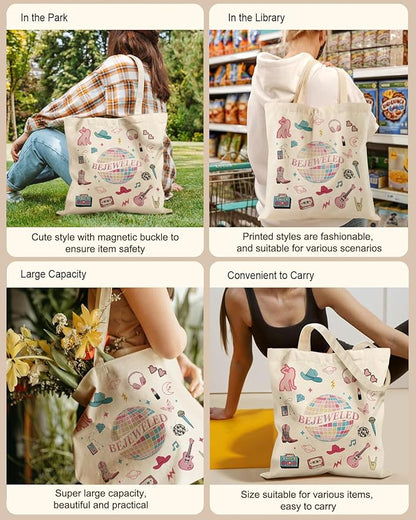 Aesthetic Tote Bag for Women- with Magnetic Buckle and Zipper Inner Pocket Cloth Cotton Canvas Tote Bags