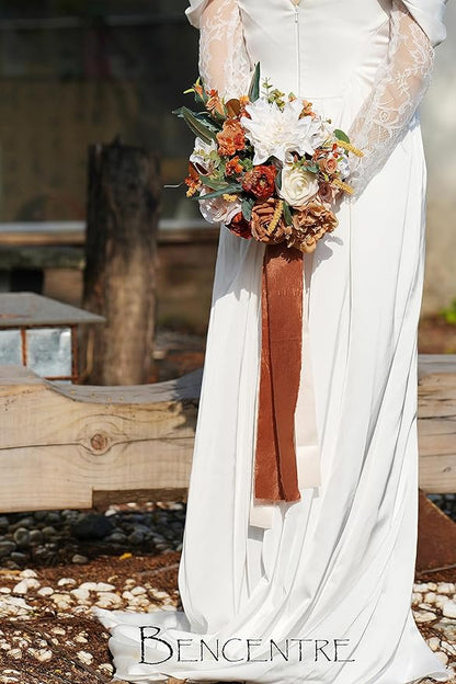 10 Inch Burnt Orange Bridal Bouquet,Fall Wedding Bouquet,Bride Bouquets for Wedding Ceremony Anniversary, Party and French Rustic Vintage Wedding,Artificial Flowers