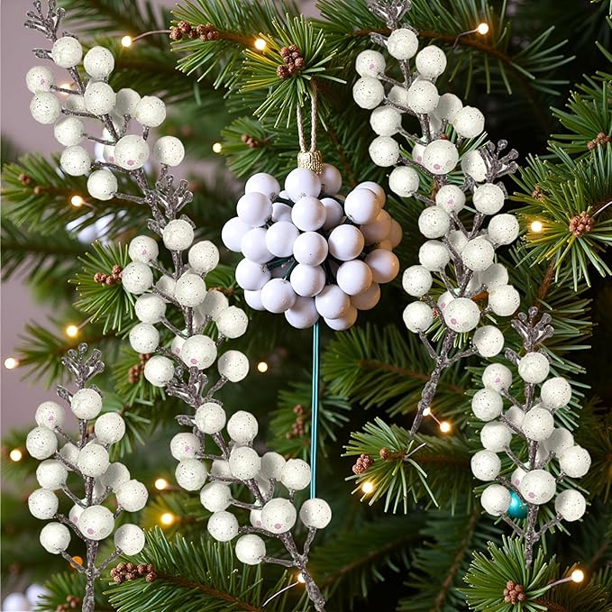 24 Pack Christmas Glitter Berries Stems, 8.66 Inch Artificial Christmas Tree Picks,Holly Berry DIY Xmas Wreath, Crafts, Holiday Clearance and Home Decor, Milk White