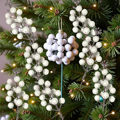 24 Pack Christmas Glitter Berries Stems, 8.66 Inch Artificial Christmas Tree Picks,Holly Berry DIY Xmas Wreath, Crafts, Holiday Clearance and Home Decor, Milk White