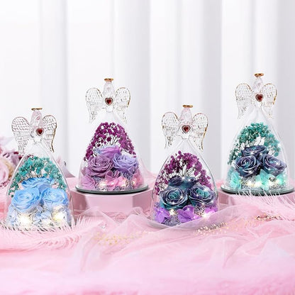 Mothers Day Rose Gifts for Women, Large Angel Figurines with Real Roses, Preserved Real Flower Rose for HerGlitterPurpleAquablue