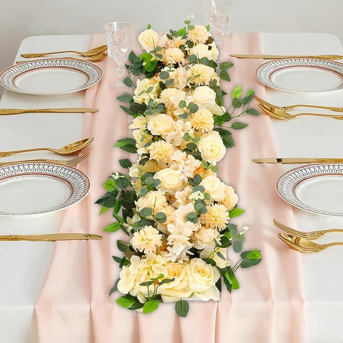 Eapmic Artificial Flower Row, 39.37in Peony Hydrangea Floral Arrangement, Faux Flower Panel Table Centerpiece for Wedding Arch Wall Backdrop Ceremony Reception Home Party Decoration (Champagne)