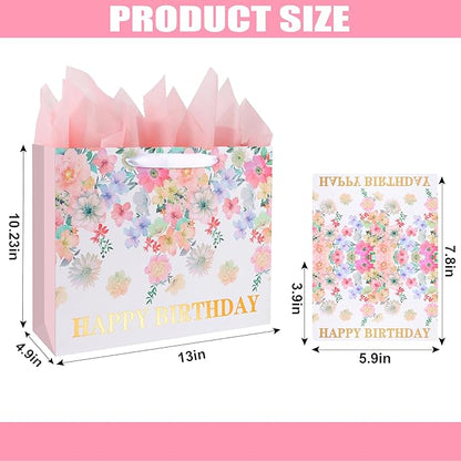 ASYEHJNR 13" Large Size Happy Birthday Gift Bag Floral Flower Pattern with Metallic Gold Happy Birthday Sign Vintage Gift Bag with Greeting Card and Tissue Paper for Girls Women