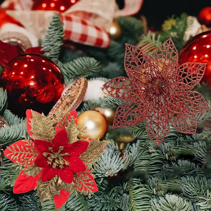 24Pcs Christmas Poinsettia Artificial Flowers and Glitter Berries Kit, 2 Styles Total 16Pcs Christmas Tree Flowers Ornaments, 8Pcs Christmas Tree Picks for Wedding Holiday Decorations, Red Gold
