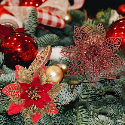 24Pcs Christmas Poinsettia Artificial Flowers and Glitter Berries Kit, 2 Styles Total 16Pcs Christmas Tree Flowers Ornaments, 8Pcs Christmas Tree Picks for Wedding Holiday Decorations, Red Gold
