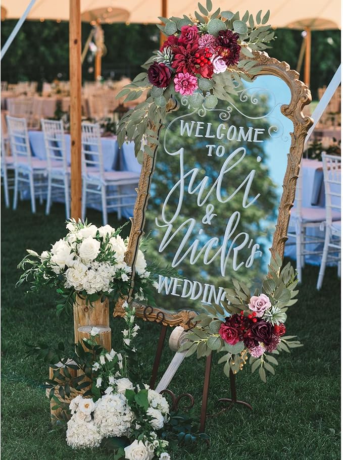 Faux Flower Swag Set of 2, Burgundy Artificial Flowers Swags for Wedding Arch, Wedding Welcome Signs, Welcome Reception Ceremony Signs Decorations
